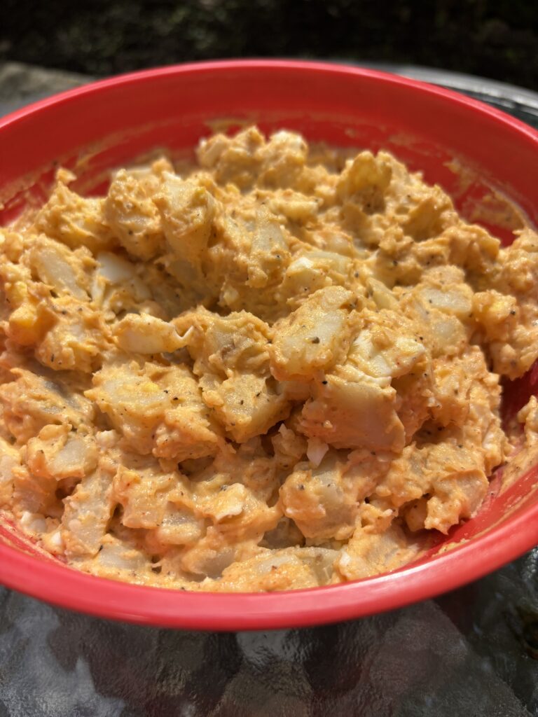 A closeup of potato salad in a red bowl on a glass outdoor table