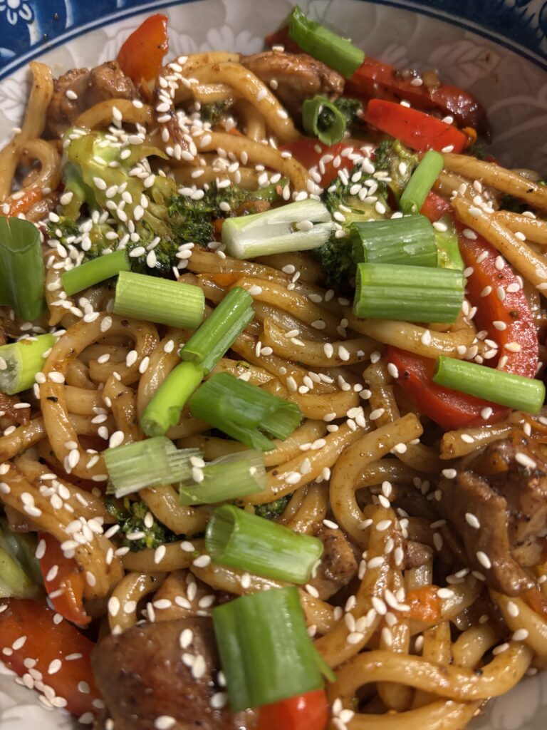 Close up of chicken and vegetable stir-fried noodles